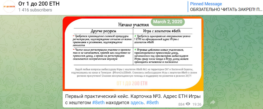 Телеграмм канала От 1 до 200 ETH
